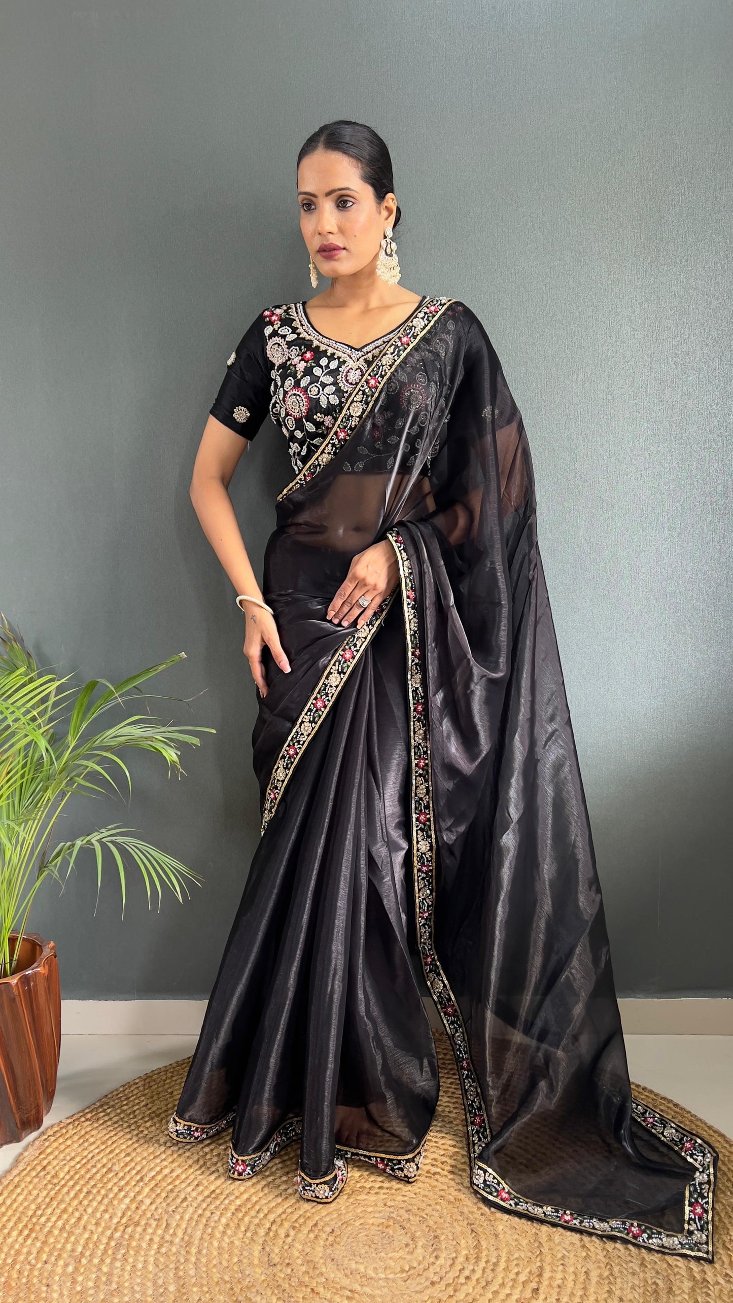 Demanding Burberry Silk Black Color Handwork Border Saree