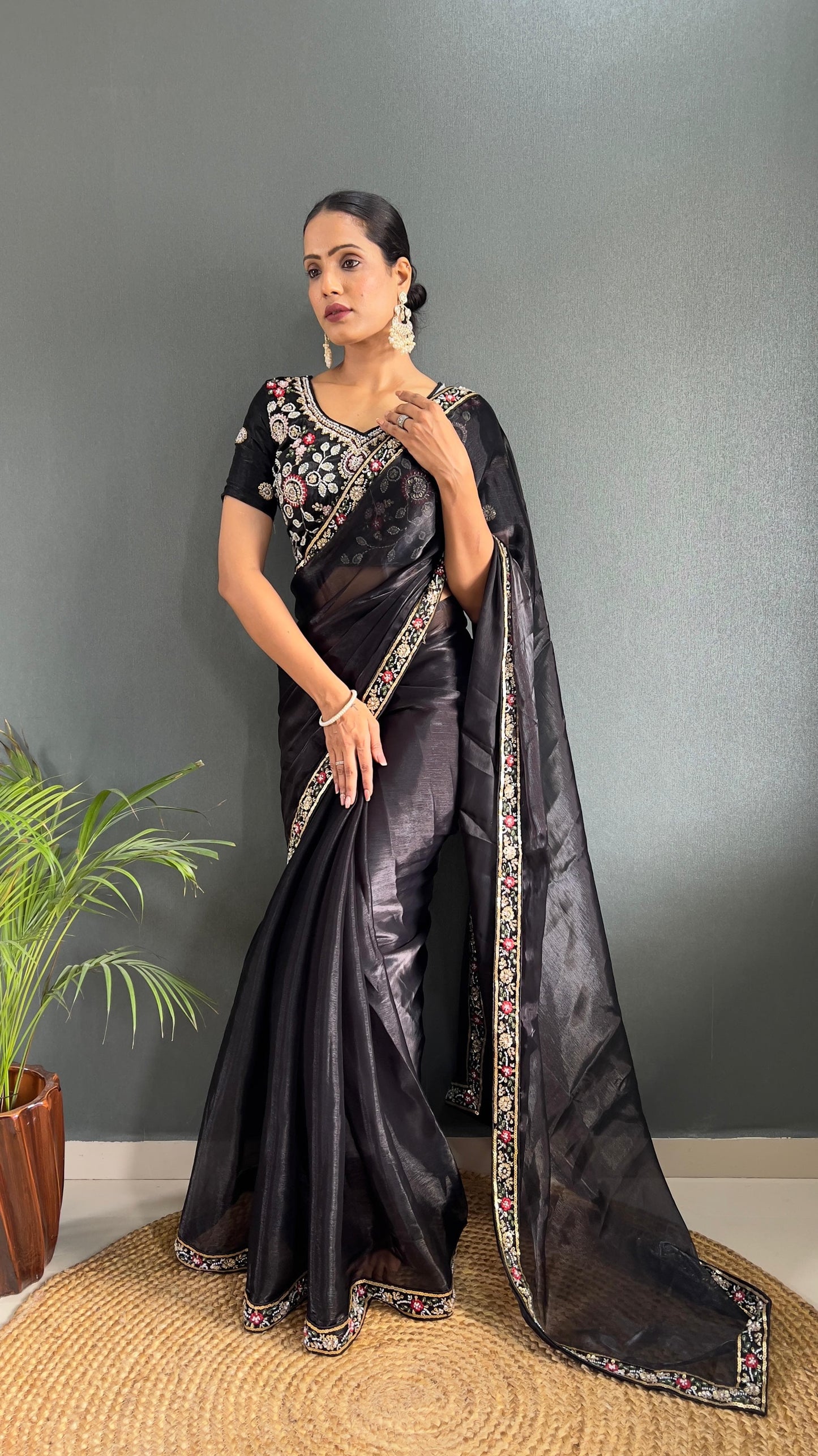 Demanding Burberry Silk Black Color Handwork Border Saree