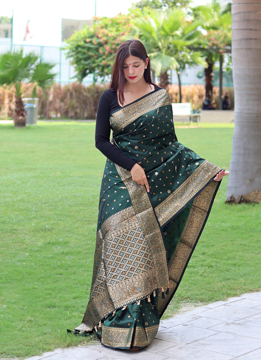 Classy Copper And Golden Zari Weave Green Silk Saree