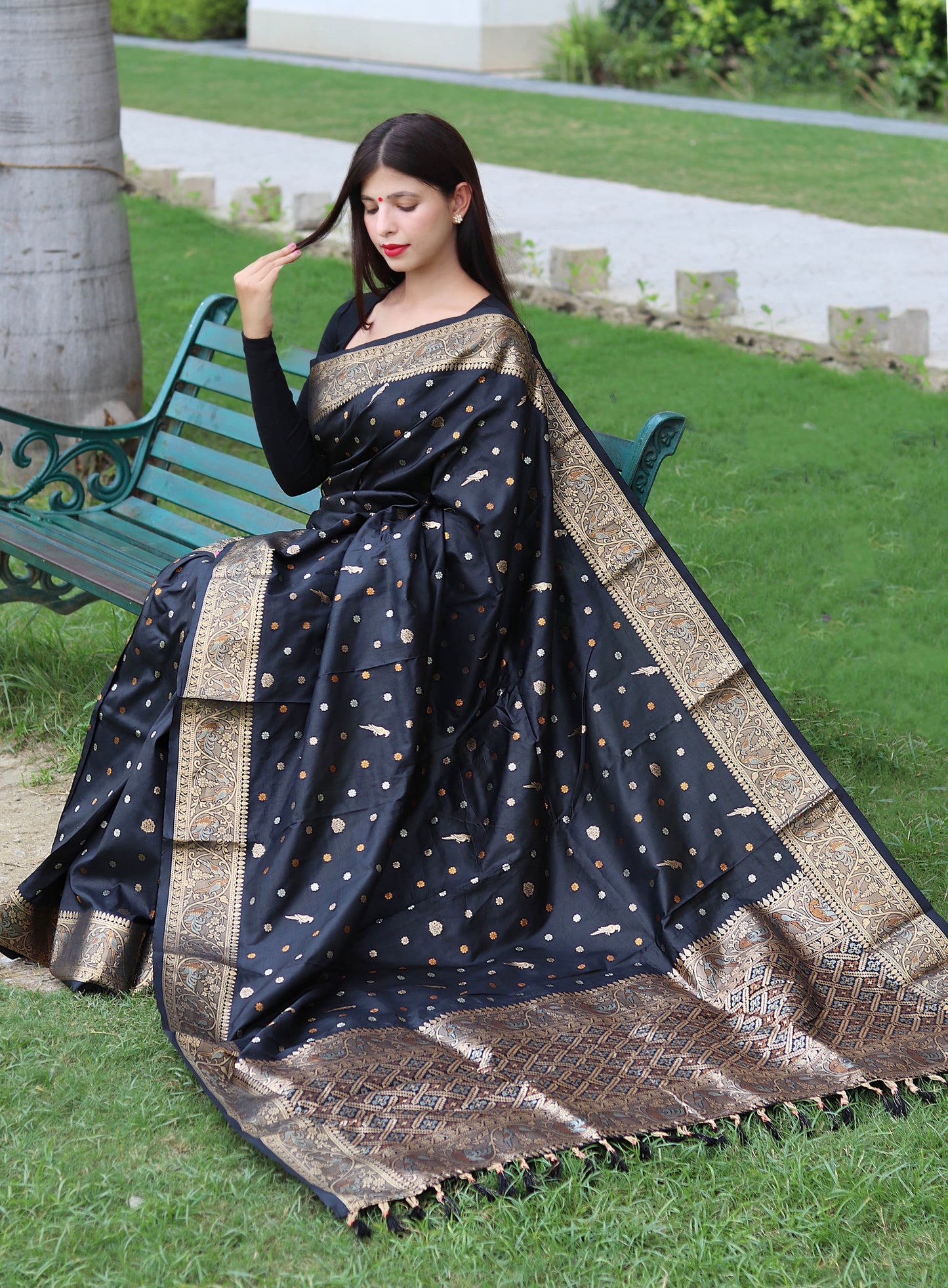 Classy Copper And Golden Zari Weave Black Silk Saree