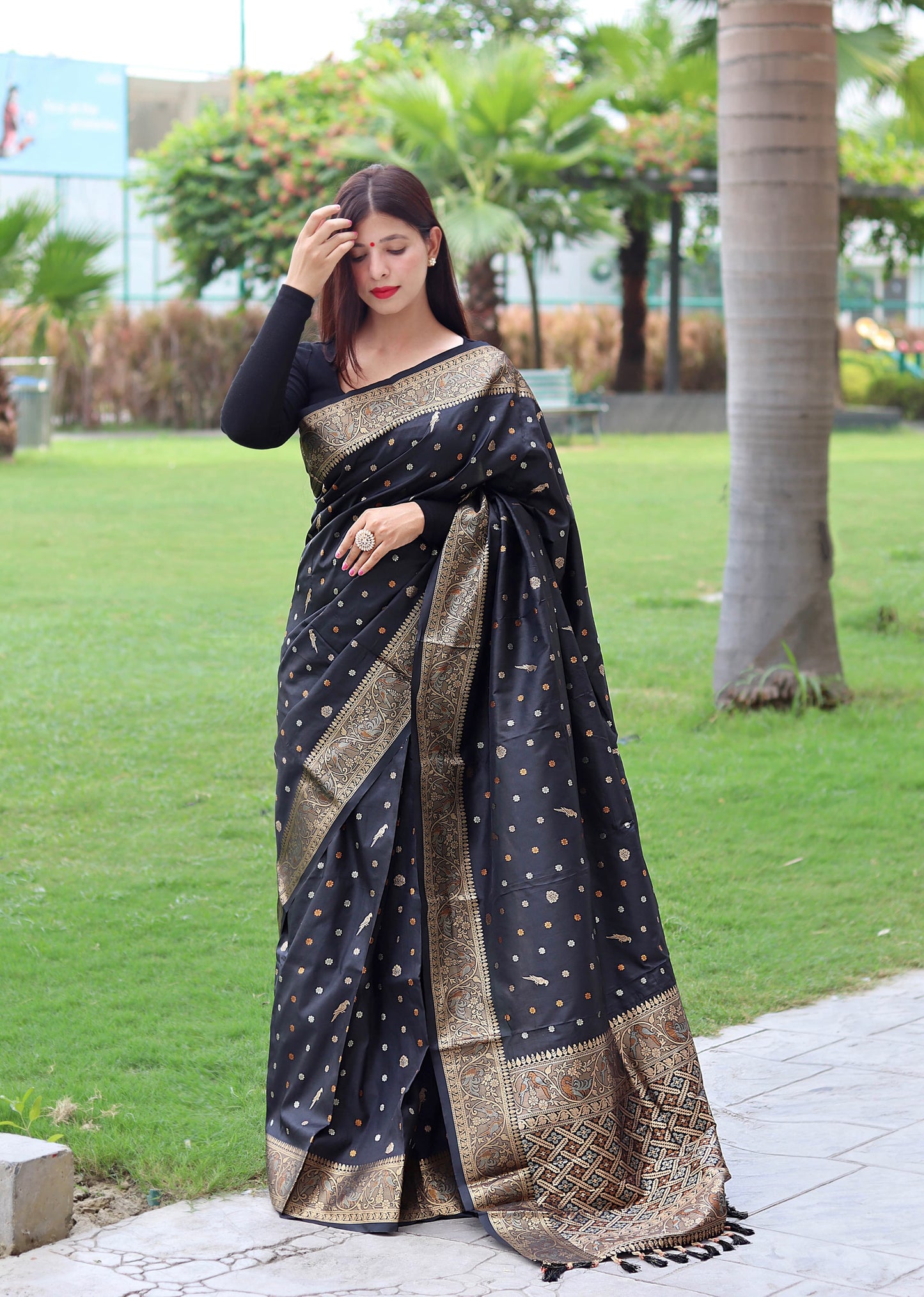 Classy Copper And Golden Zari Weave Black Silk Saree