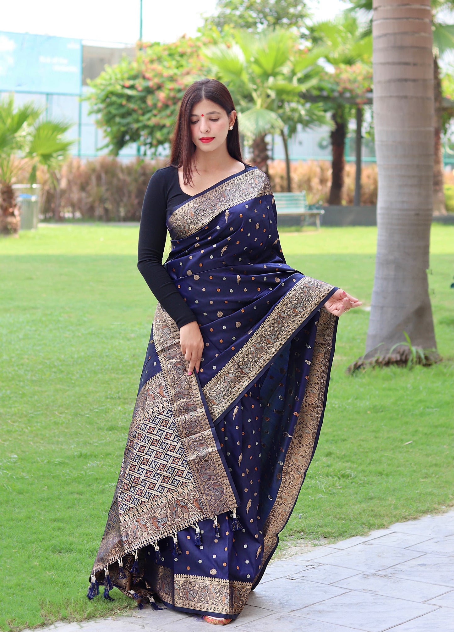 Classy Copper And Golden Zari Weave Navy Blue Silk Saree