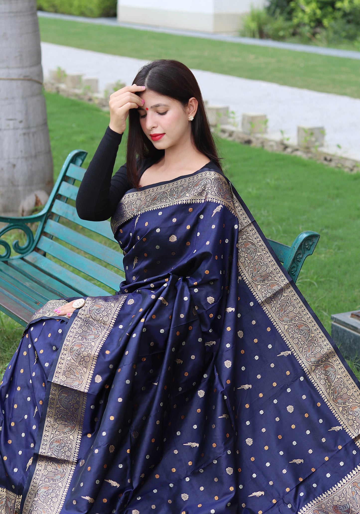 Classy Copper And Golden Zari Weave Navy Blue Silk Saree