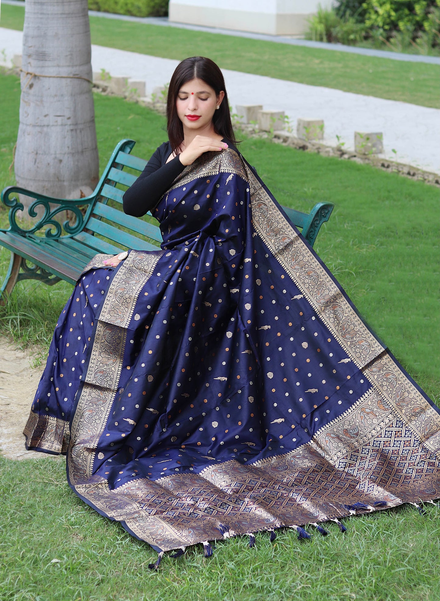 Classy Copper And Golden Zari Weave Navy Blue Silk Saree