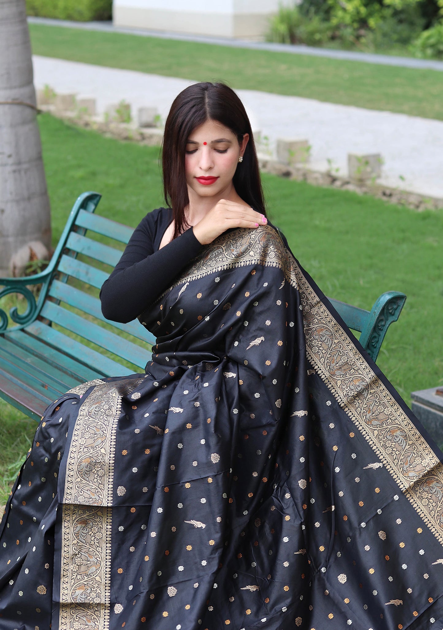 Classy Copper And Golden Zari Weave Black Silk Saree