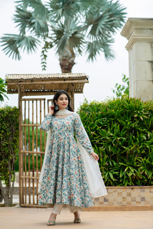 Wonderful Multi Design With Sky Color Print Anarkali Suit