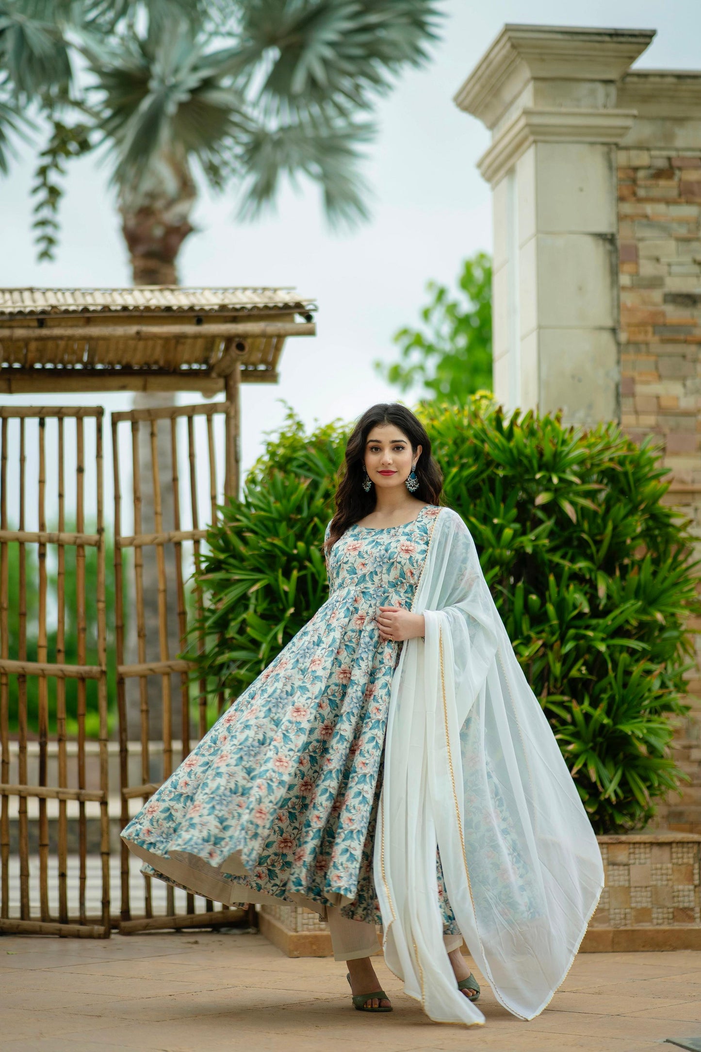 Wonderful Multi Design With Sky Color Print Anarkali Suit