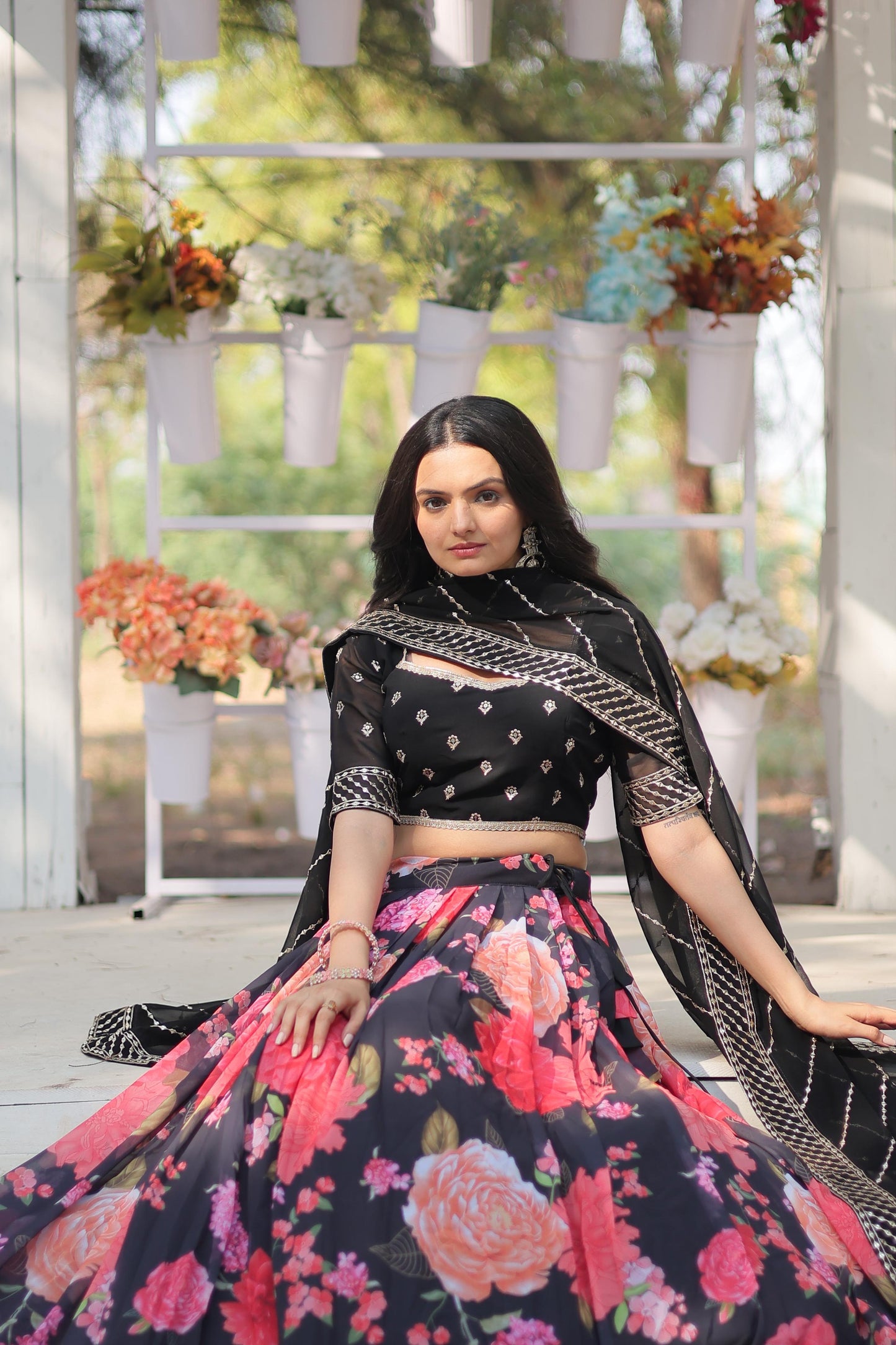 Designer Flower Print With Work Black Color Lehenga Choli