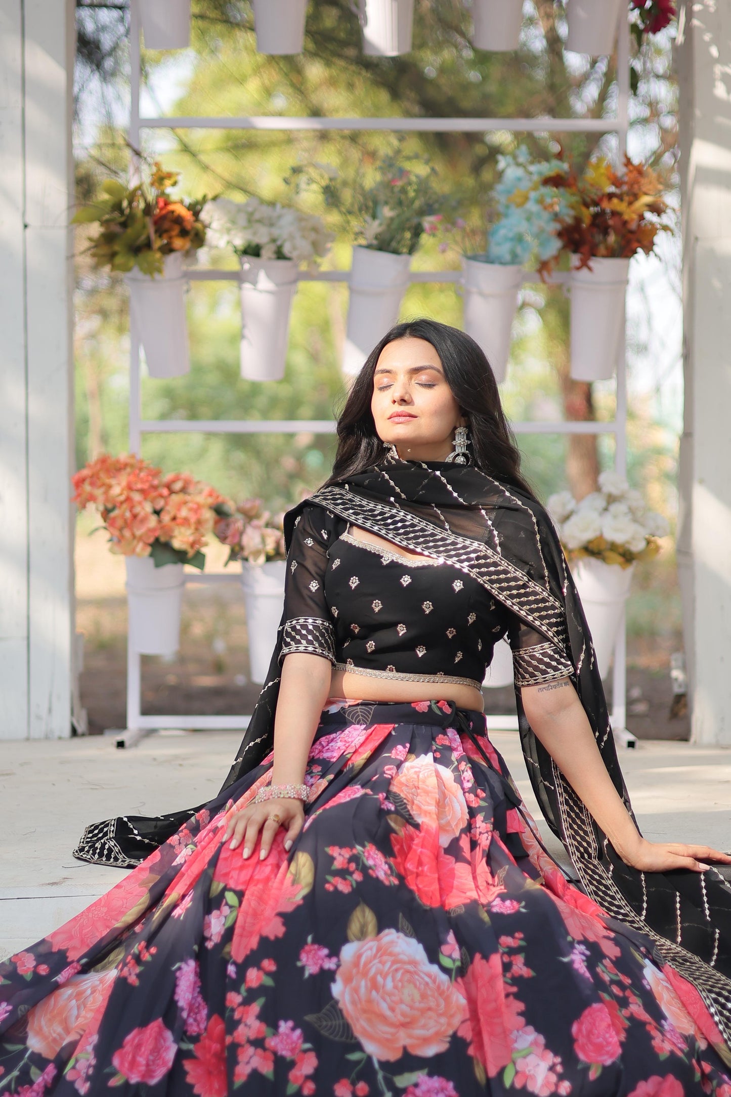 Designer Flower Print With Work Black Color Lehenga Choli