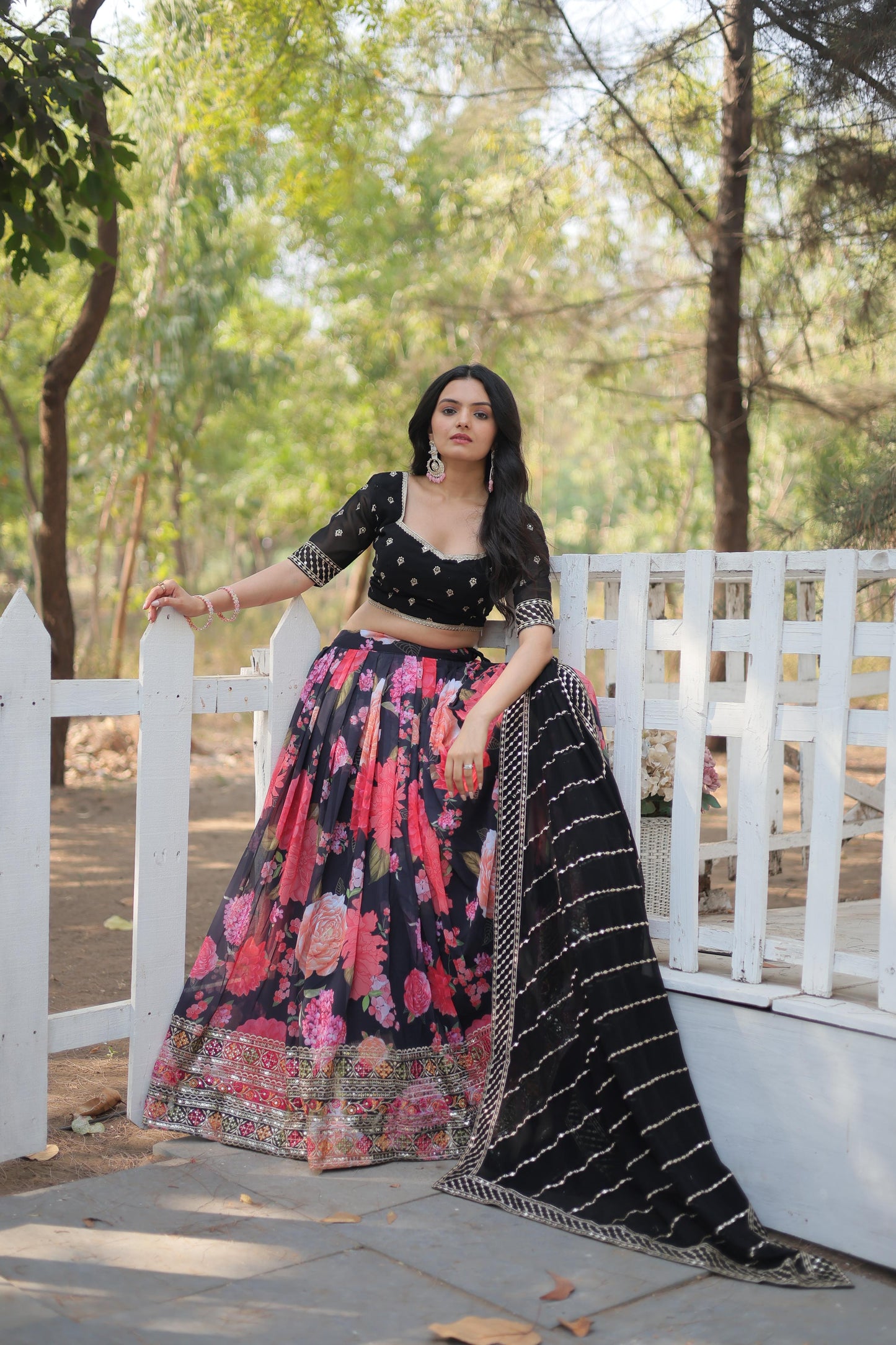 Designer Flower Print With Work Black Color Lehenga Choli