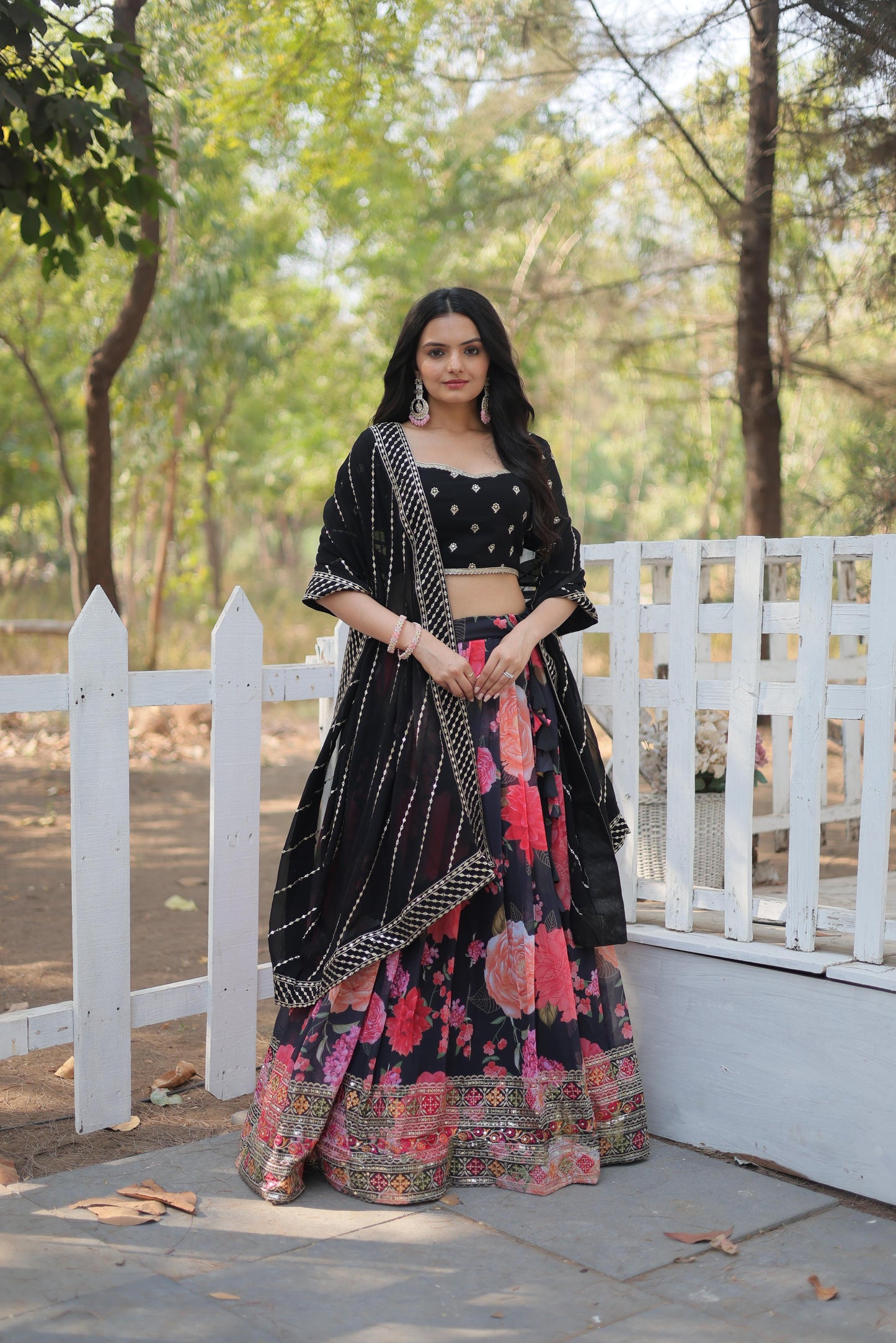 Designer Flower Print With Work Black Color Lehenga Choli