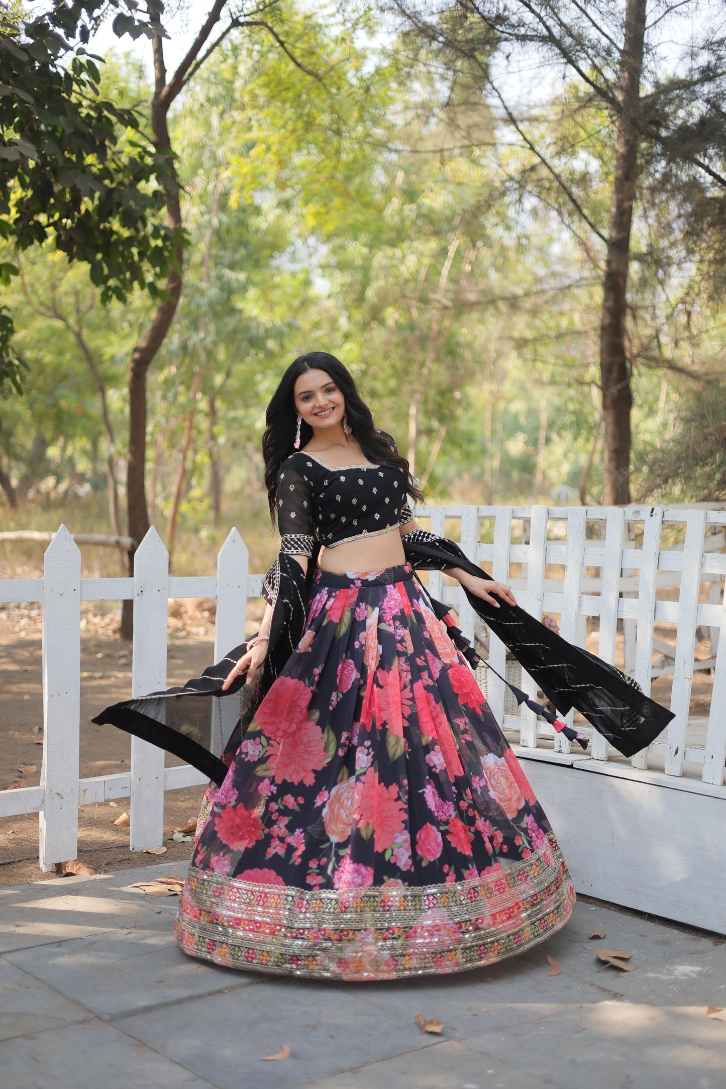 Designer Flower Print With Work Black Color Lehenga Choli