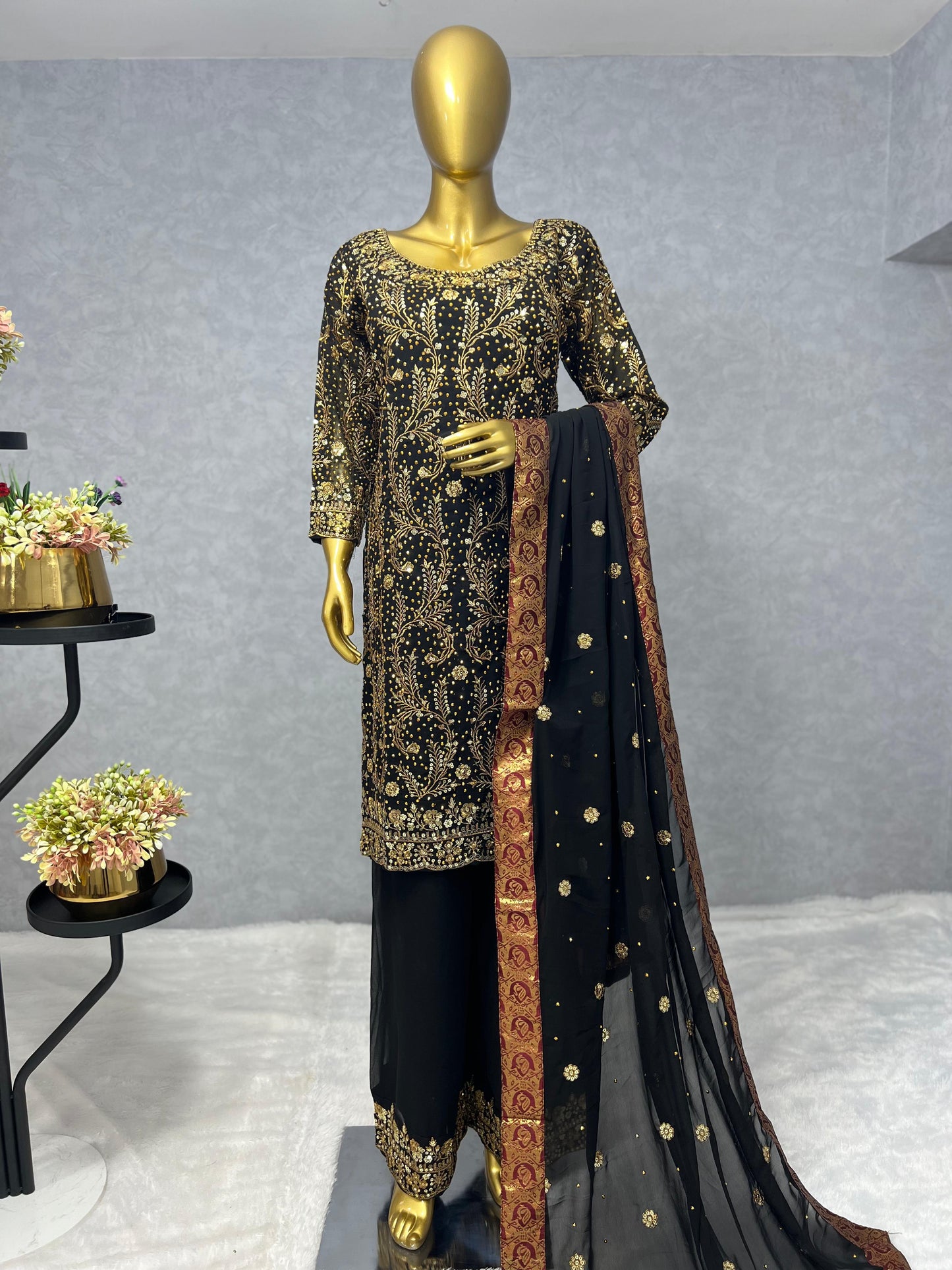 Glossy Black Color Sequence Work Kurti Set With Dupatta