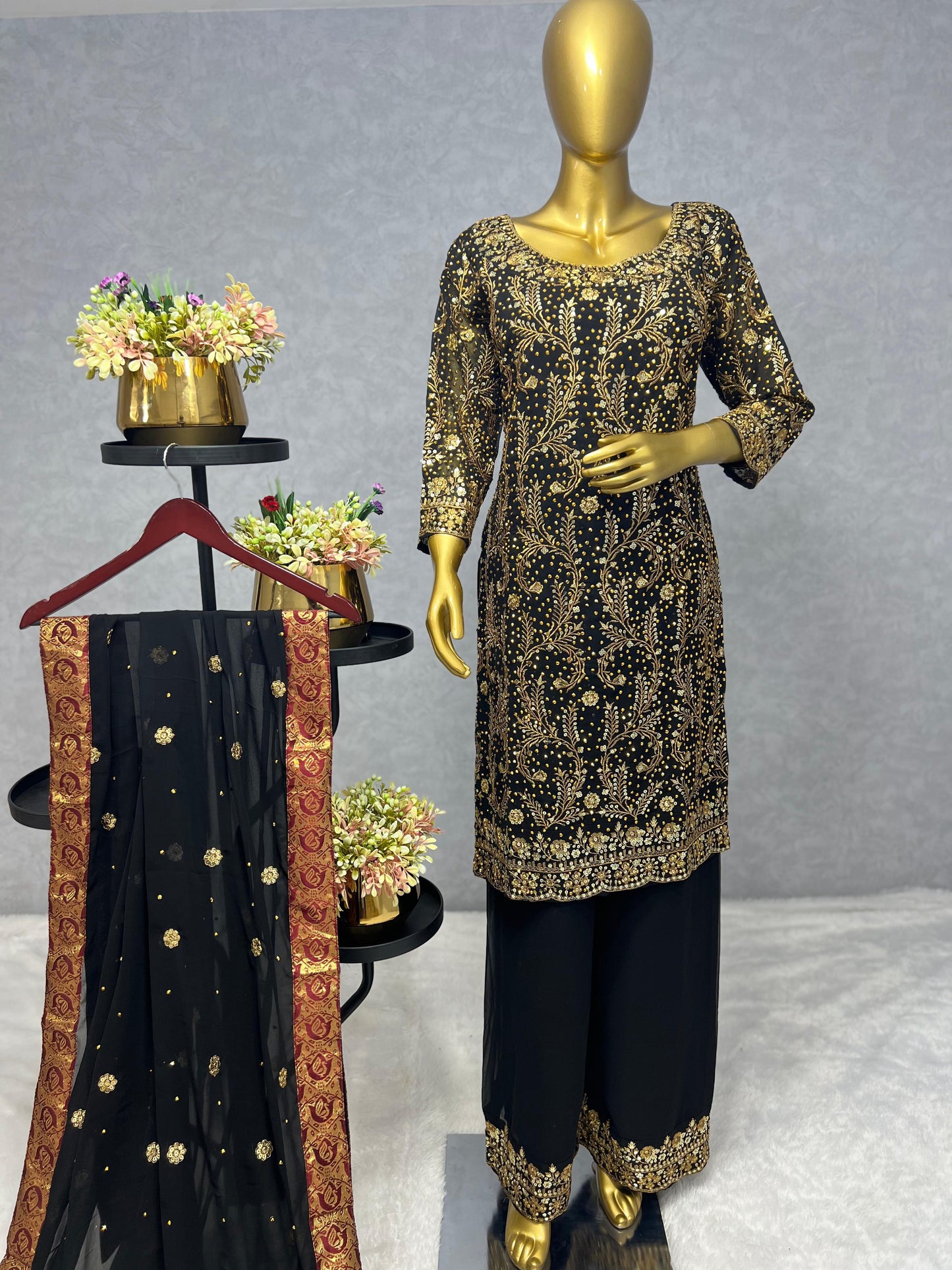 Glossy Black Color Sequence Work Kurti Set With Dupatta