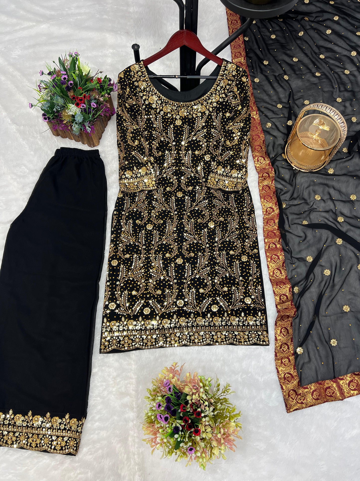 Glossy Black Color Sequence Work Kurti Set With Dupatta