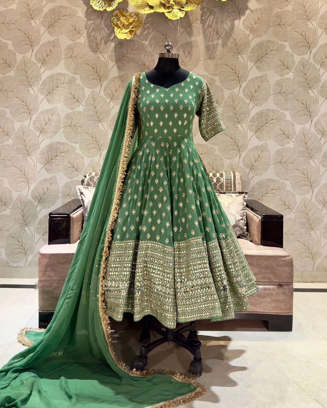 Delightful Green Color Gown With Embroidered Work Dupatta