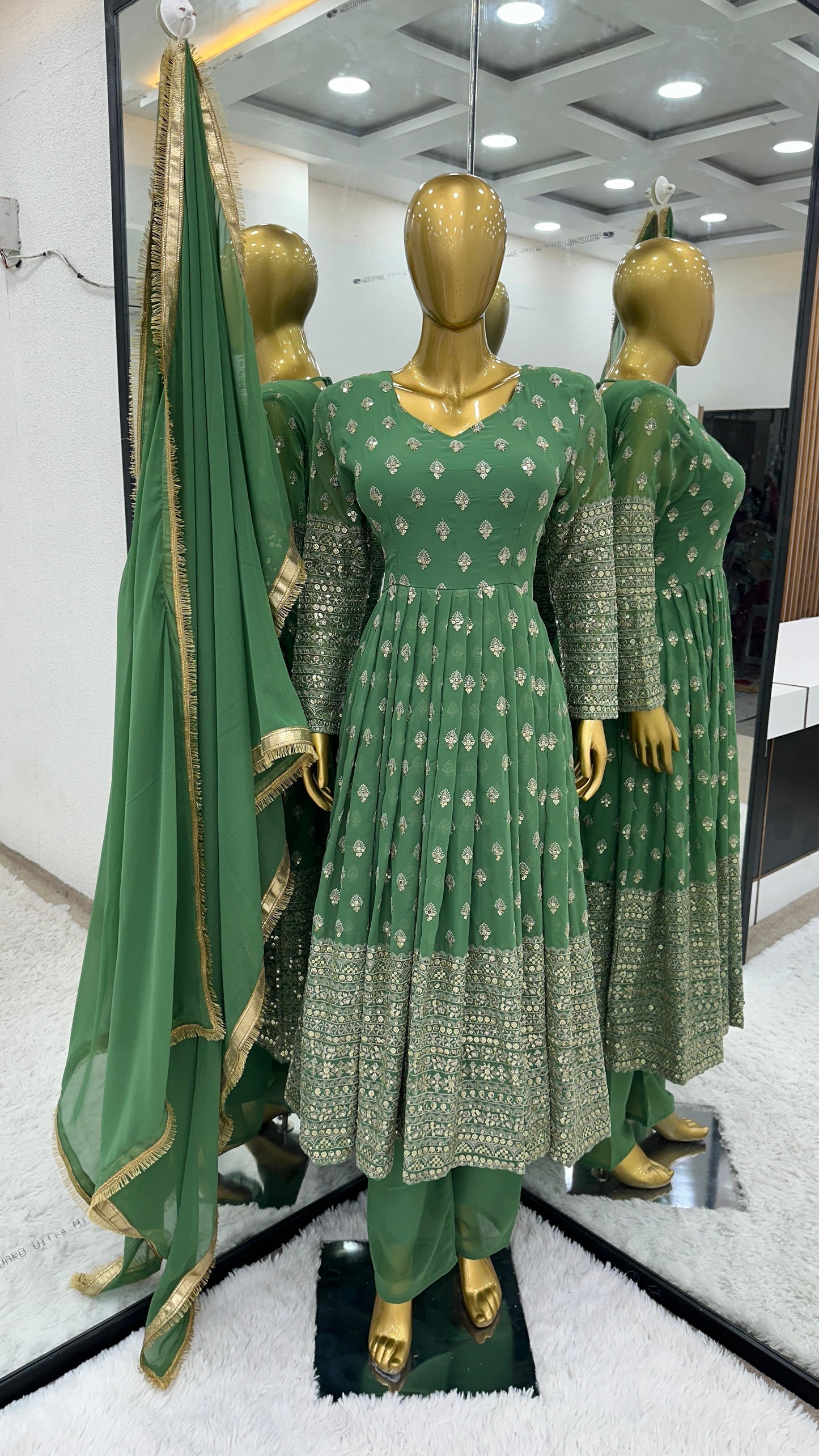 Delightful Green Color Gown With Embroidered Work Dupatta