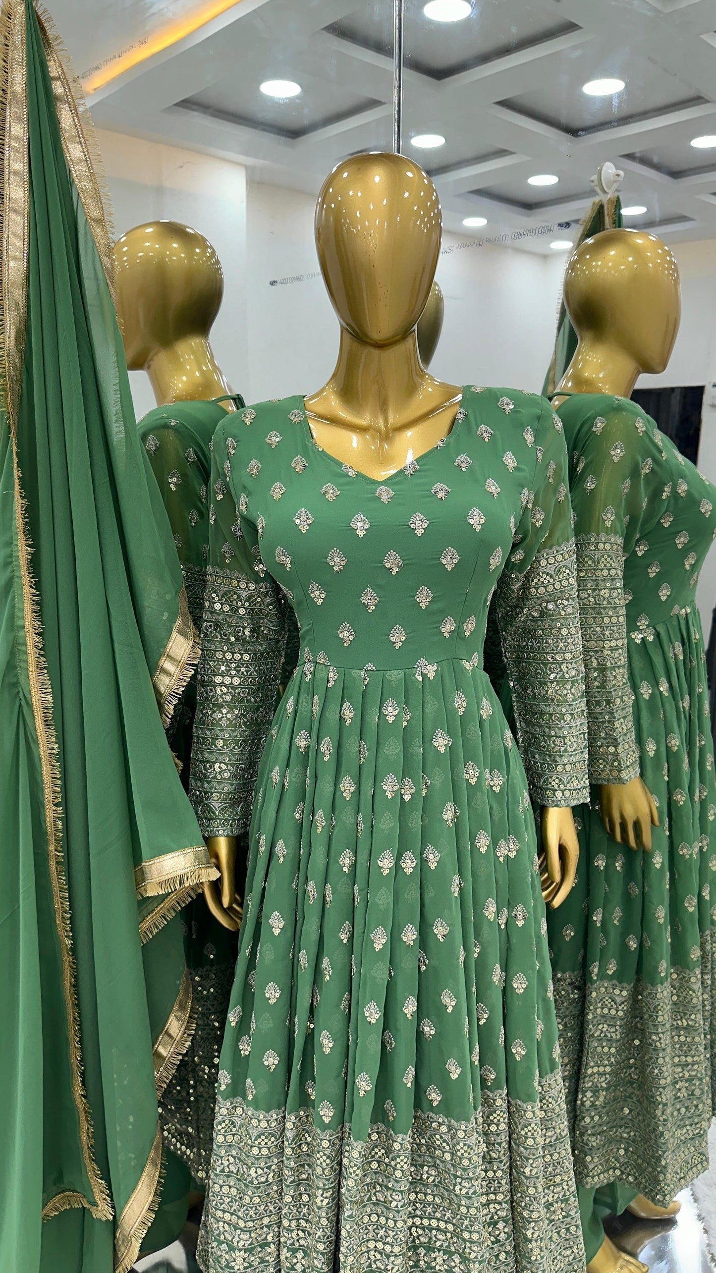 Delightful Green Color Gown With Embroidered Work Dupatta