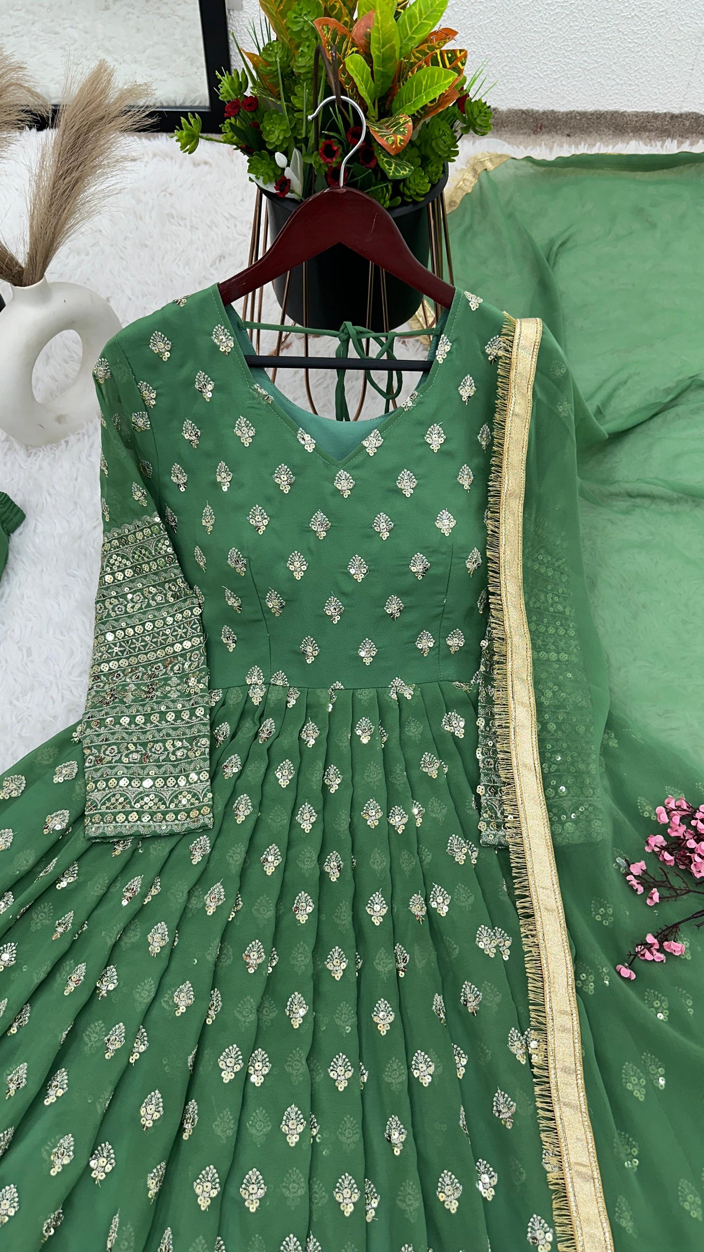 Delightful Green Color Gown With Embroidered Work Dupatta