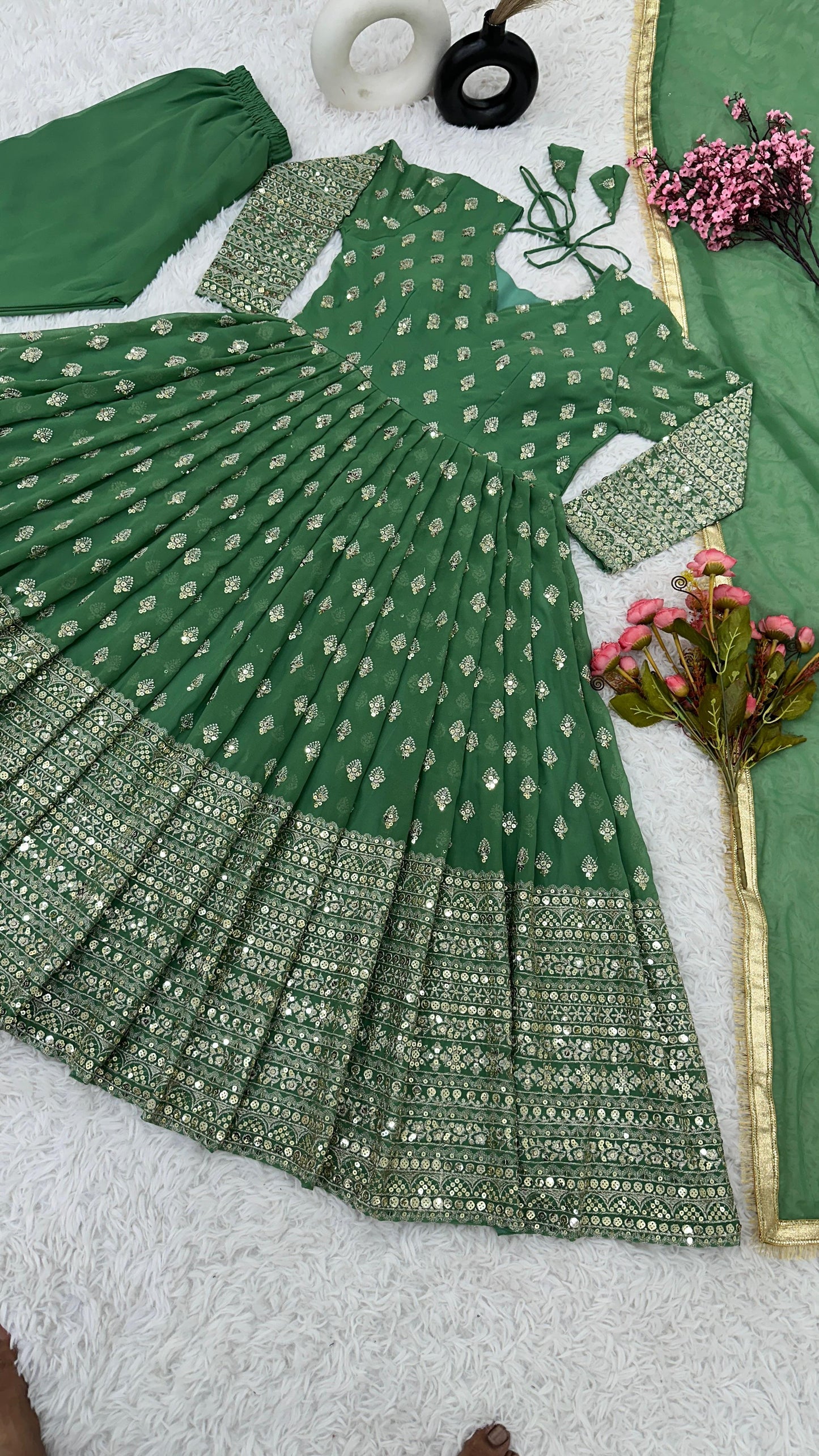 Delightful Green Color Gown With Embroidered Work Dupatta