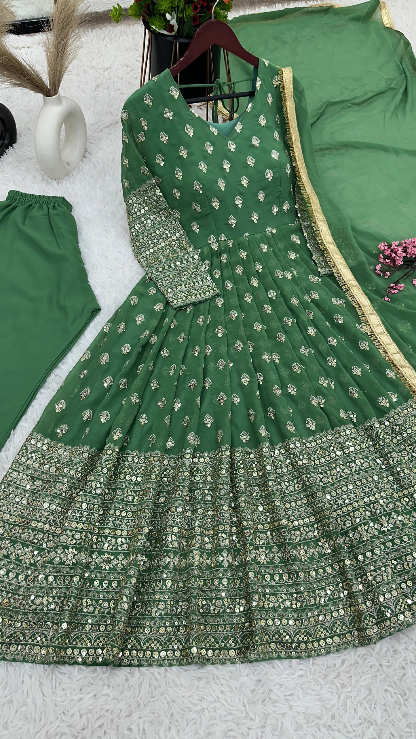 Delightful Green Color Gown With Embroidered Work Dupatta