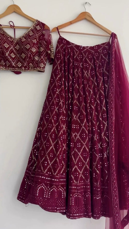 Engagement Wear Heavy Work Maroon Color Georgette Lehenga Choli