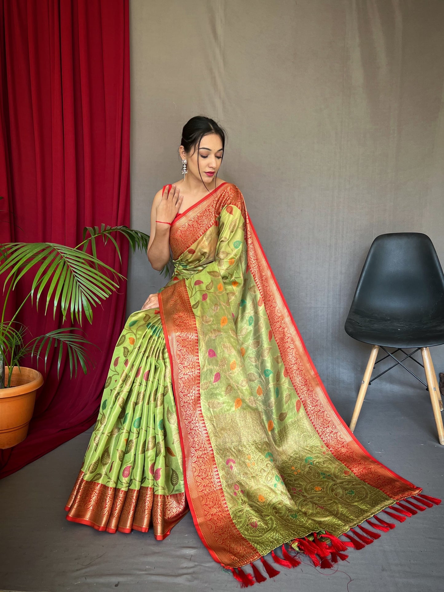 Mesmerizing Tissue Silk Pista Color Saree