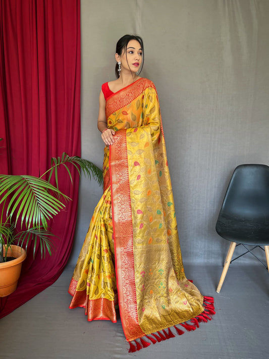 Mesmerizing Tissue Silk Yellow Color Saree