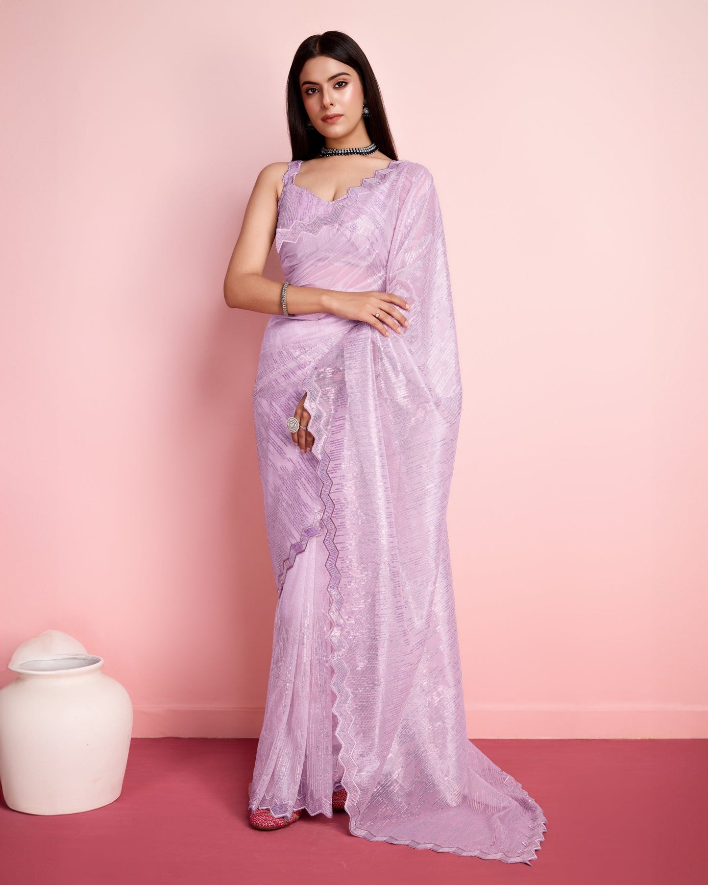 Party Wear Lavender Color Saree With Cut Work Border