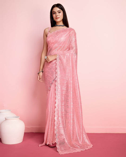 Party Wear Peach Color Saree With Cut Work Border