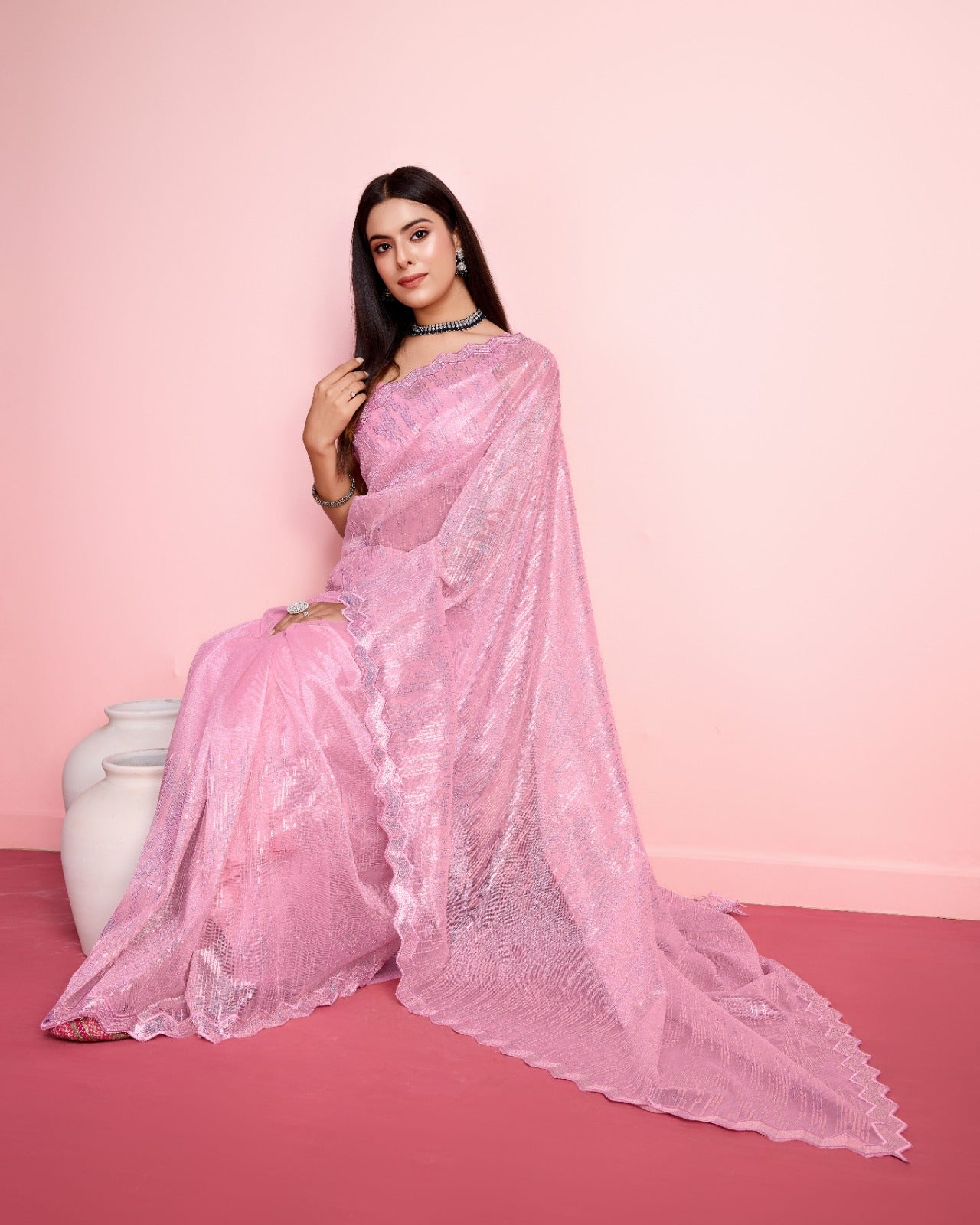 Party Wear Light Pink Color Saree With Cut Work Border