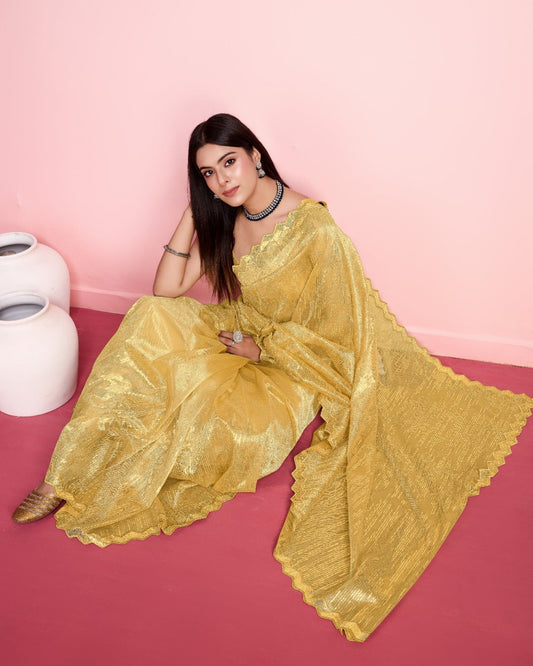 Party Wear Yellow Color Saree With Cut Work Border