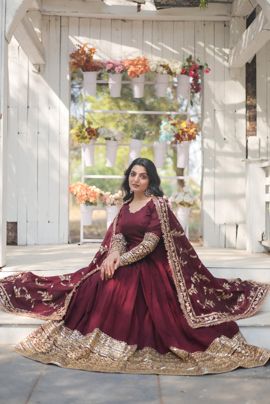 Fabulous Vichitra Shimmer Plain Maroon Color Gown