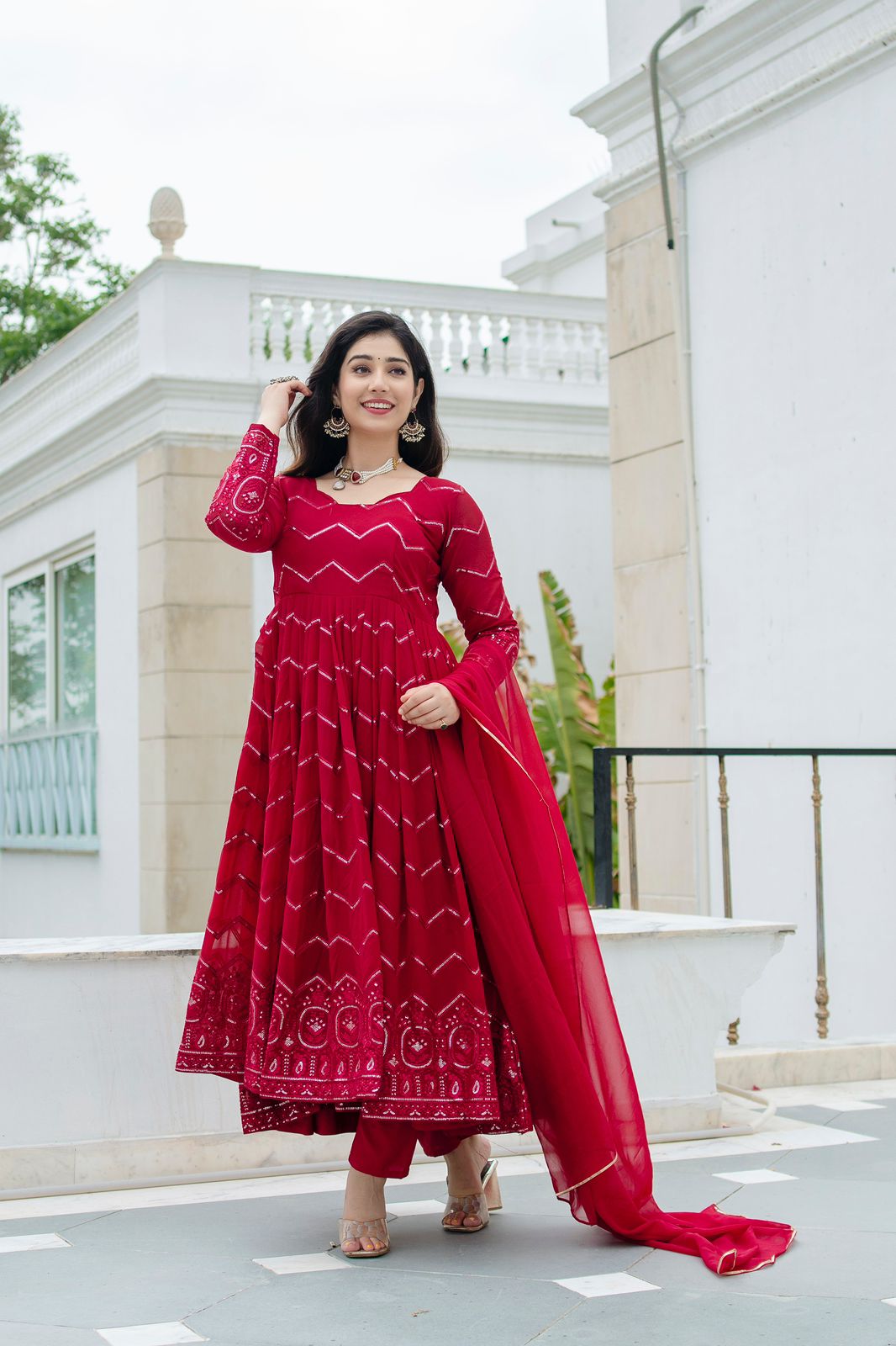 Designer Georgette Red Color Embroidery Work Anarkali Gown