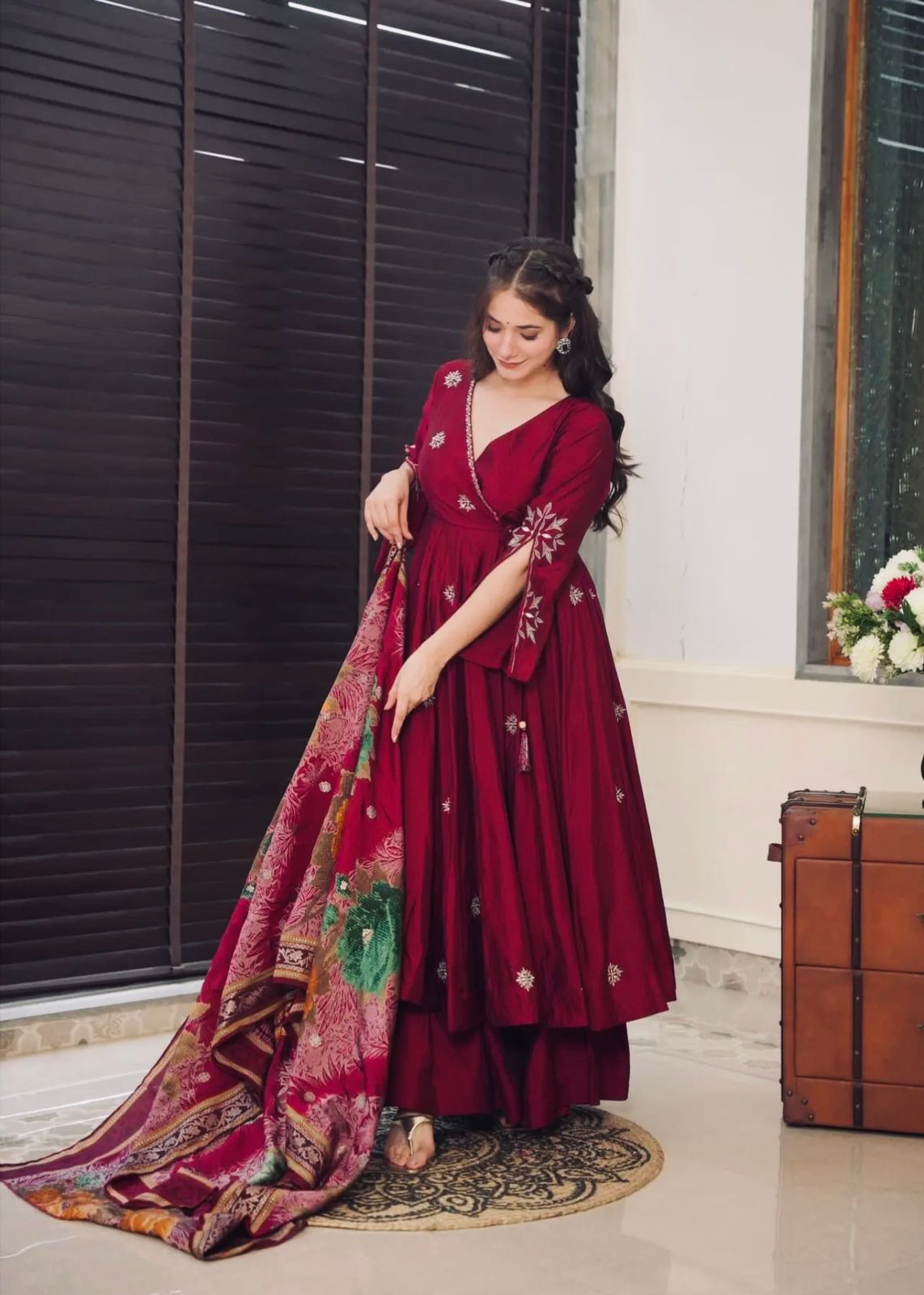 Elegant Chinnon Silk Red Color Embroidery Work Anarkali Gown