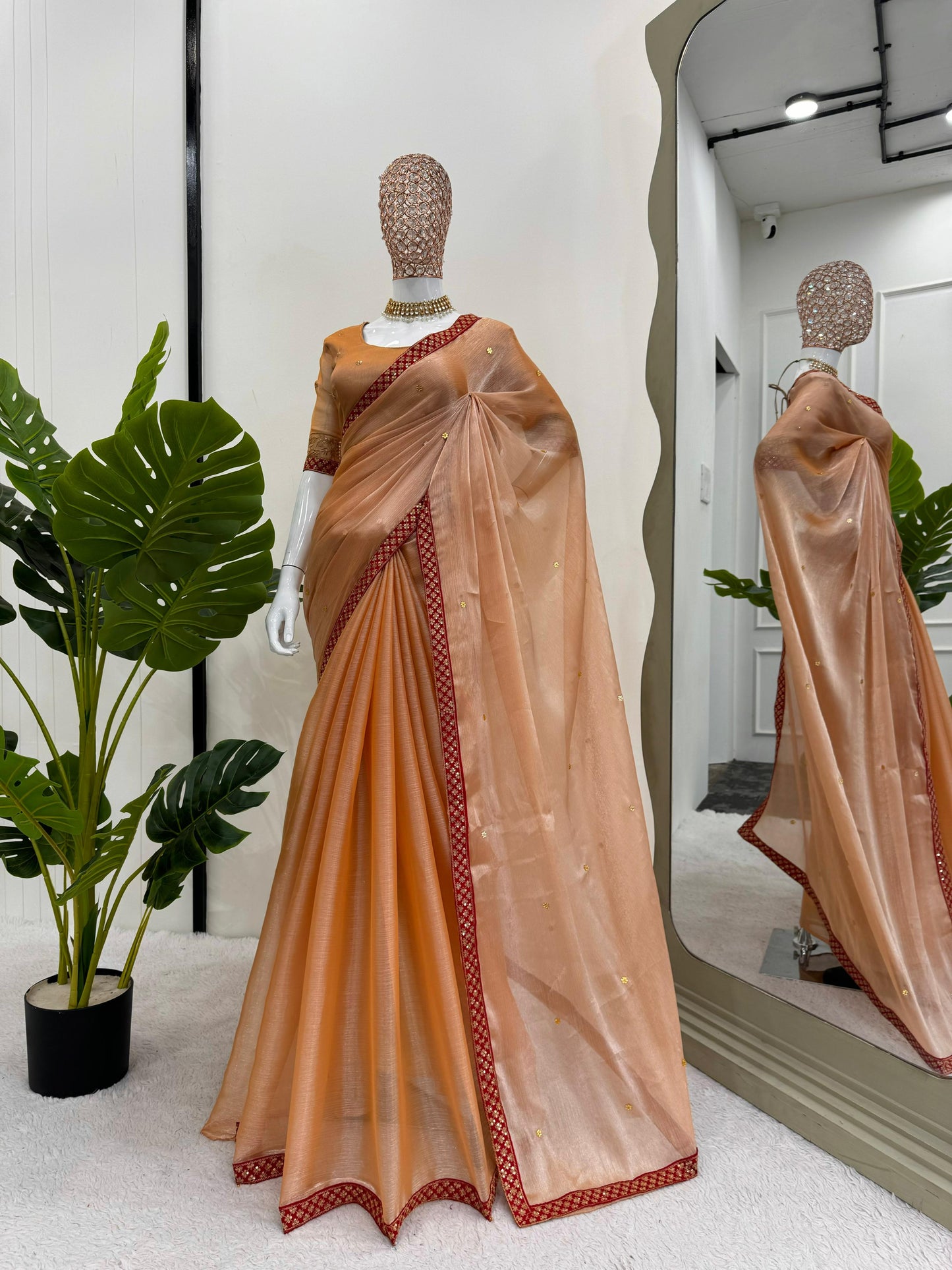 Awesome Peach Color Thread With Sequence Work Saree