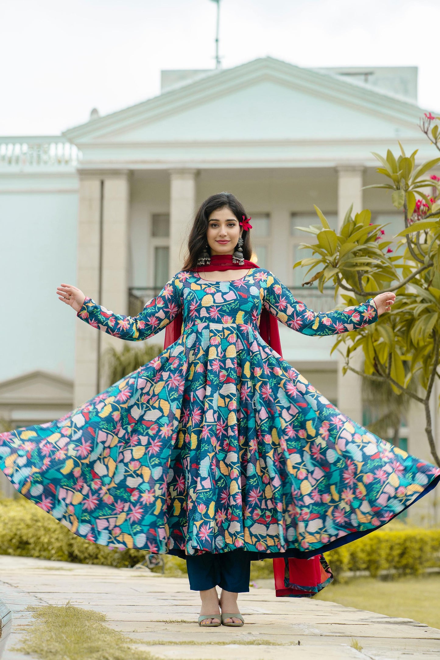 Function Wear Georgette Red Color Embroidery Work Anarkali Gown