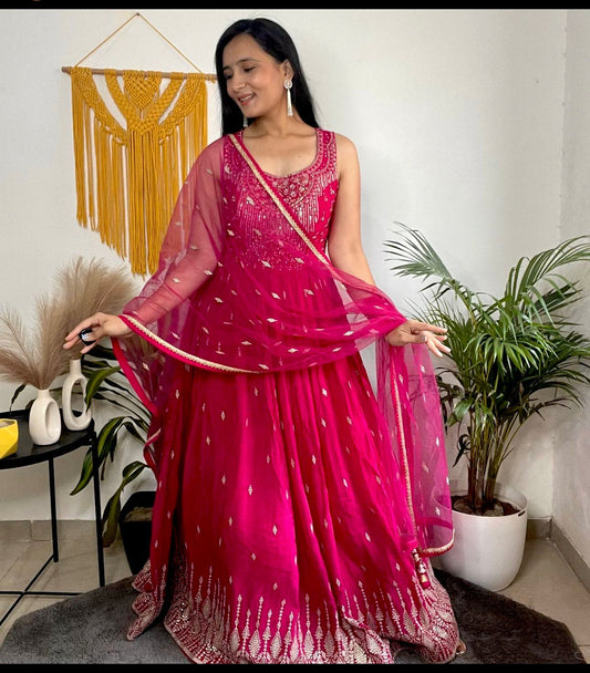 Festive Wear Pink Color Heavy Work Long Anarkali Gown