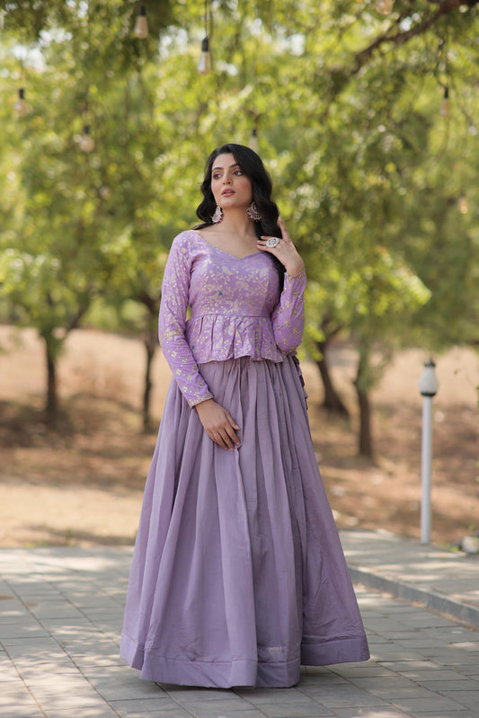 Glossy Lavender Color Plain Lehenga With Jacquard Work Top