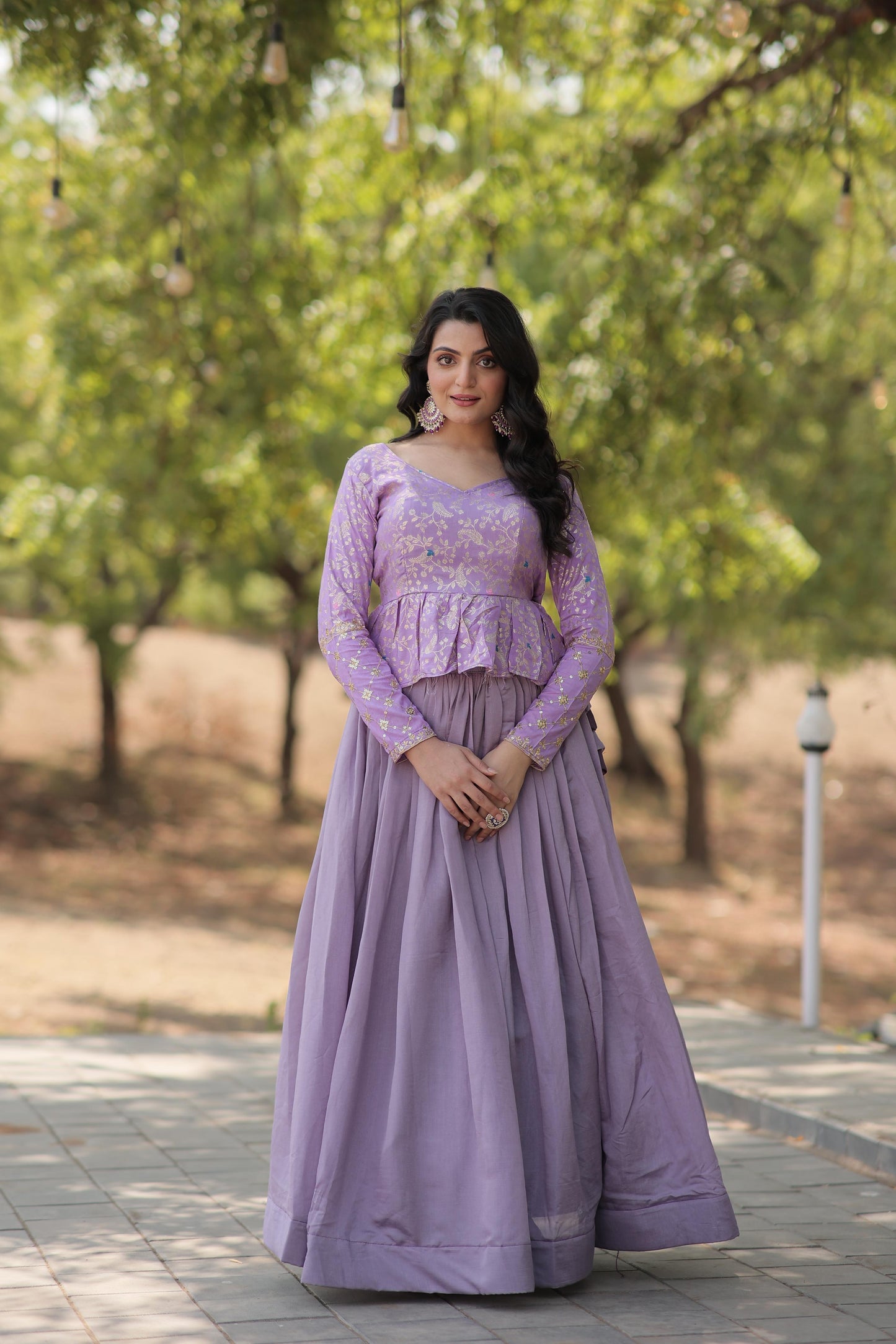 Glossy Lavender Color Plain Lehenga With Jacquard Work Top