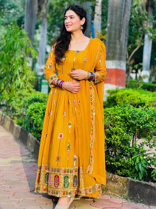 Fancy Multi Embroidery Work Yellow Georgette Anarkali Gown