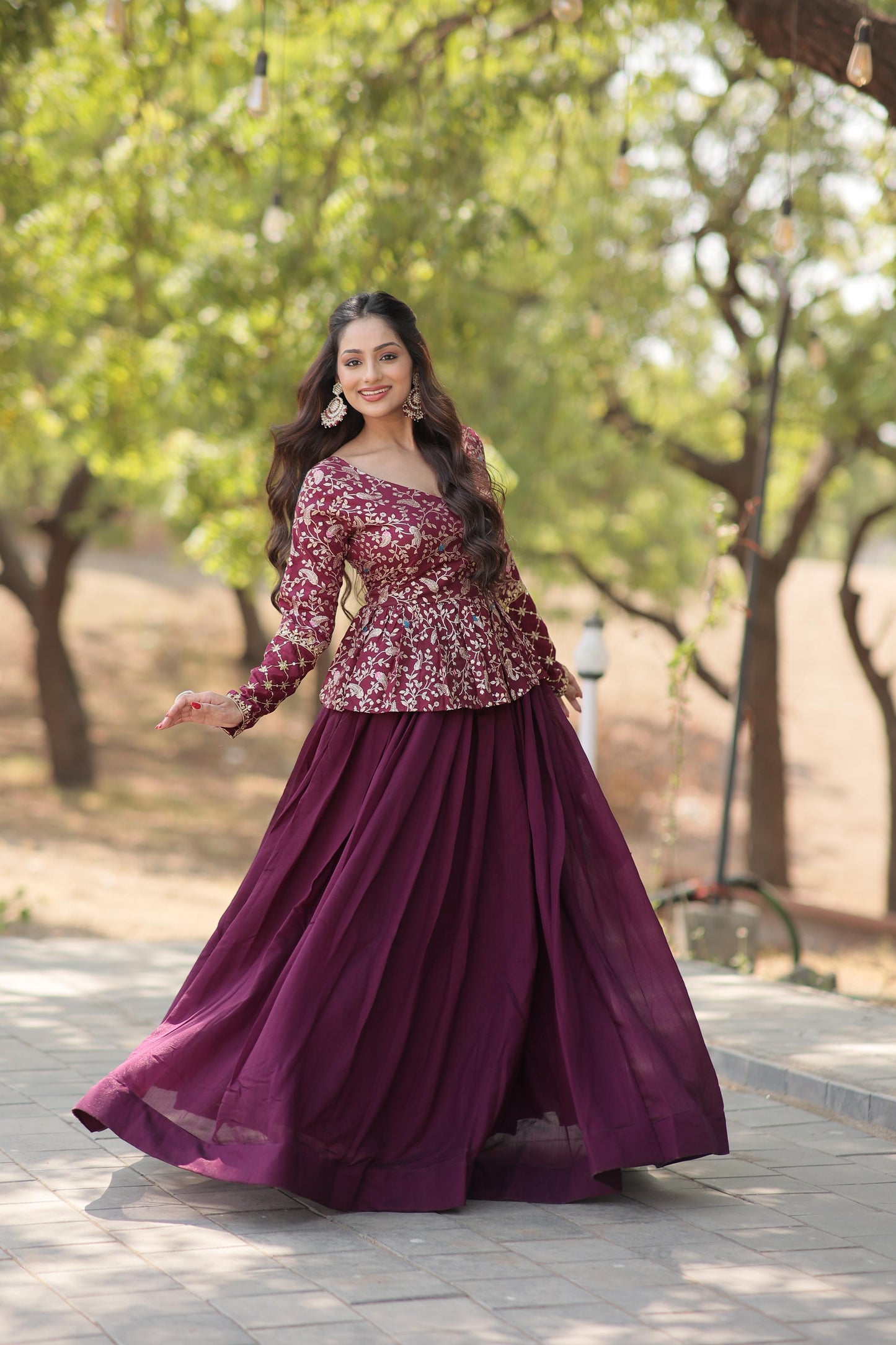 Glossy WIne Color Plain Lehenga With Jacquard Work Top