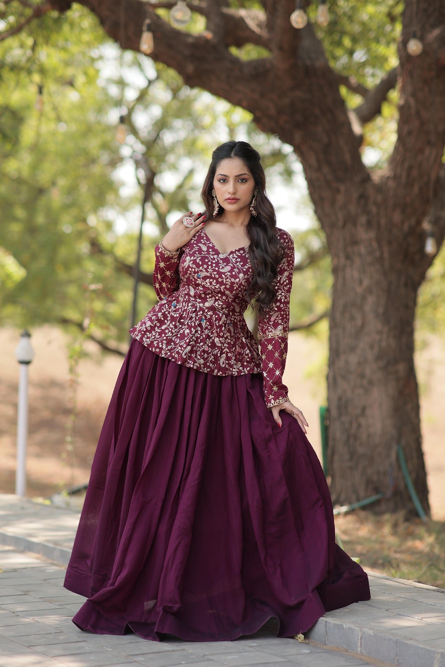 Glossy WIne Color Plain Lehenga With Jacquard Work Top