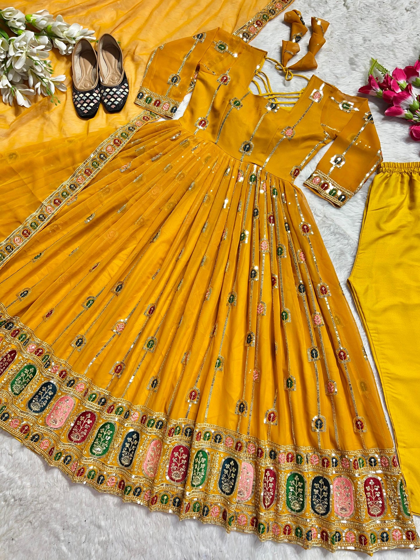 Fancy Multi Embroidery Work Yellow Georgette Anarkali Gown