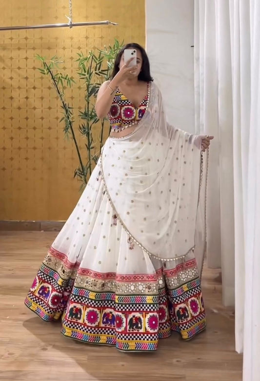 White Color Chain Stitch WIth Mirror Work Navratri Lehenga Choli