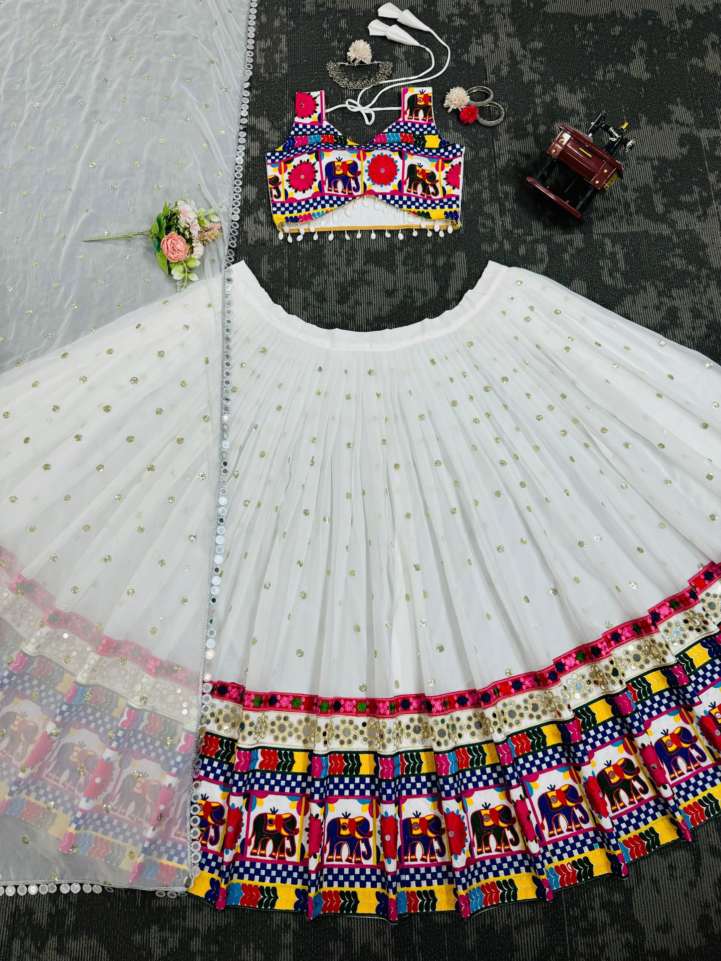 White Color Chain Stitch WIth Mirror Work Navratri Lehenga Choli