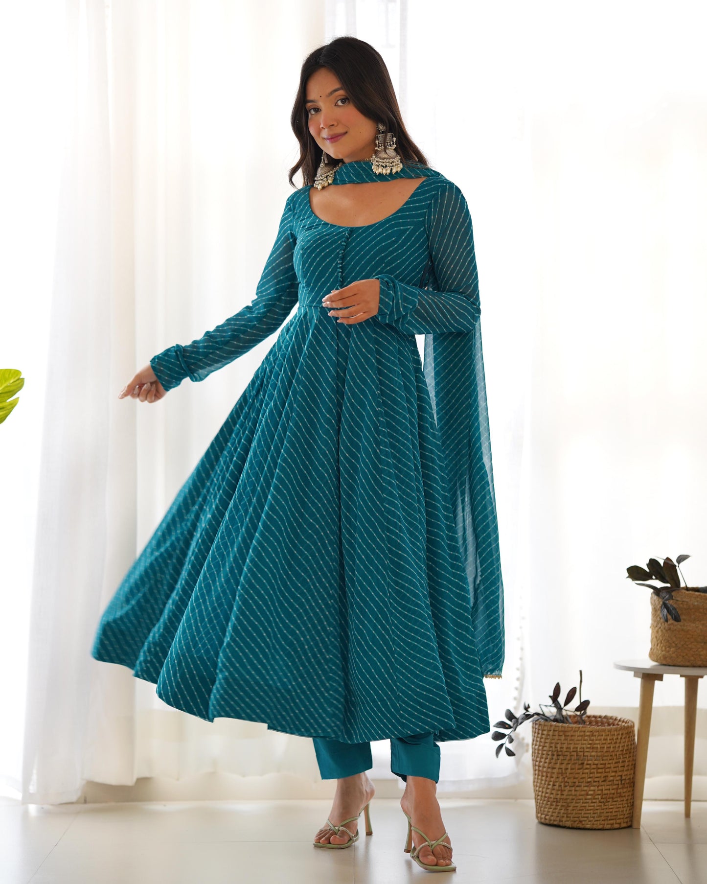 Sky Blue Color Leheriya Print Anarkali Gown With Dupatta