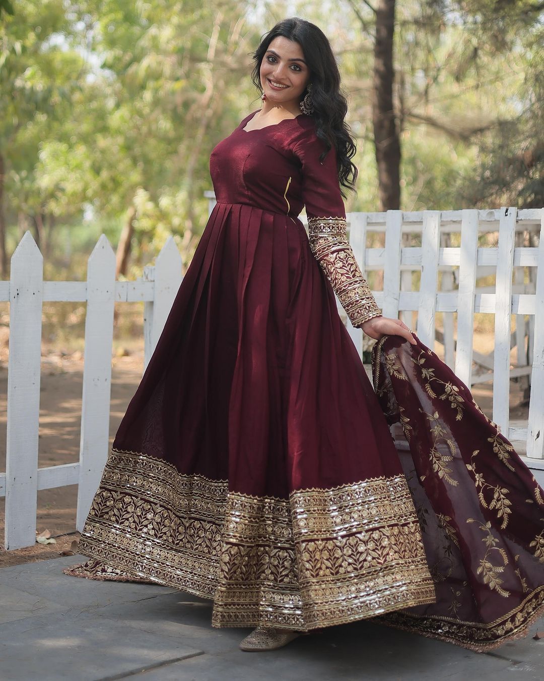 Heavy Sequence Work Maroon Color Gown With Dupatta