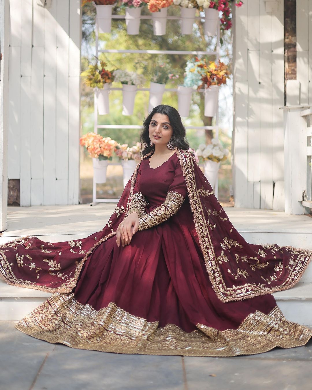 Heavy Sequence Work Maroon Color Gown With Dupatta