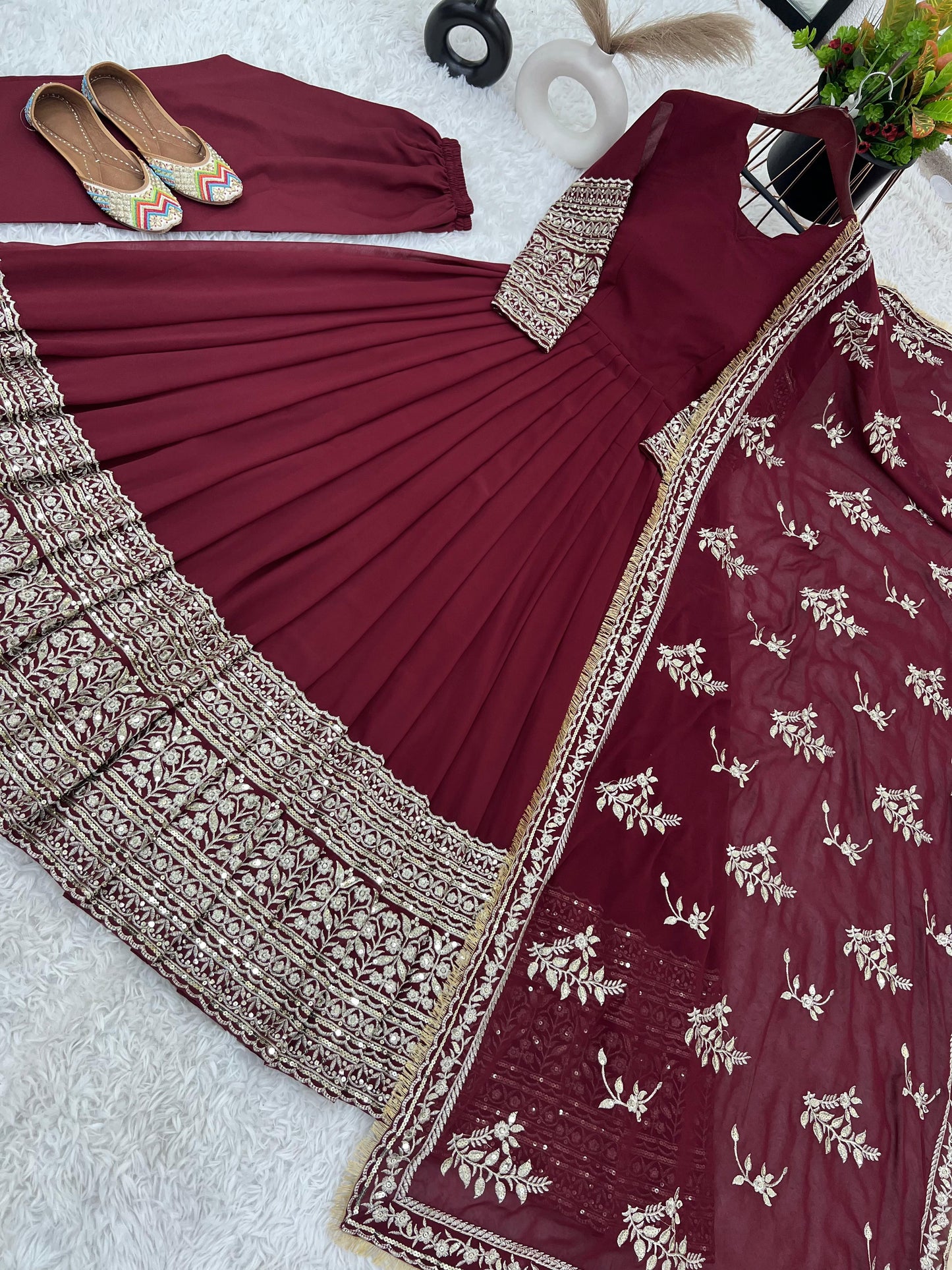 Heavy Sequence Work Maroon Color Gown With Dupatta